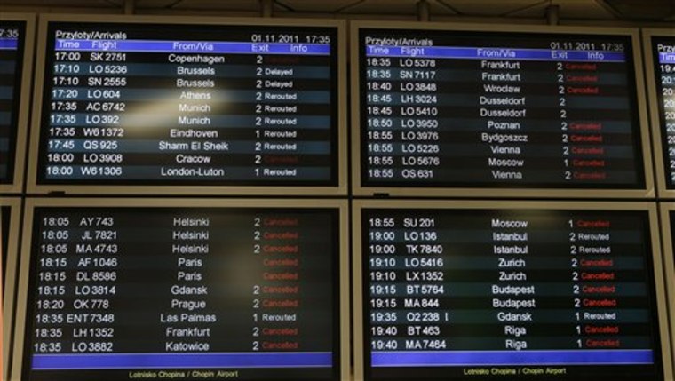 Information boards as flights were cancelled after a Boeing 767 of Polish LOT airlines made an emergency landing in  Warsaw at the Chopin airport , Poland, Tuesday, Nov. 1, 2011.  (AP Photo/Czarek Sokolowski)
